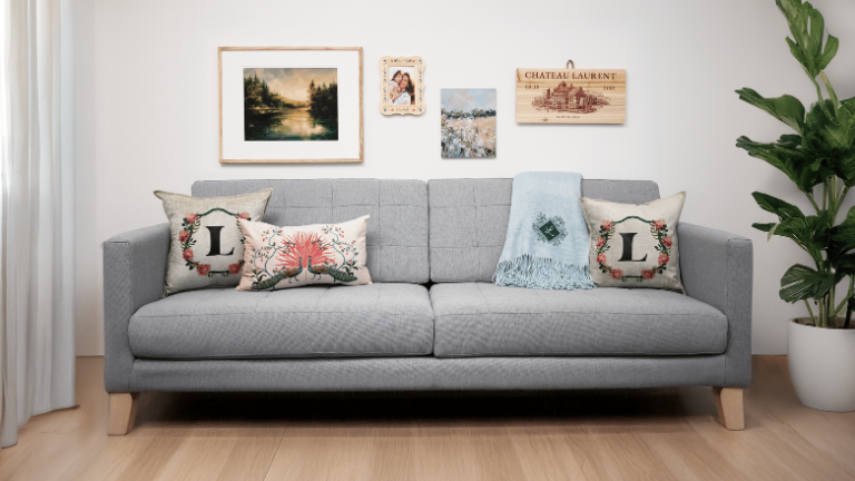 Grey Couch with Sublimation Panels on the Wall