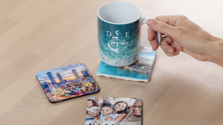White Sublimation Mug Coasters Laying Down on Table