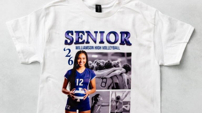 White polyester T shirt with VersiFlexPrint Senior Football Design