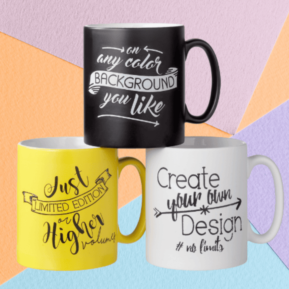 Display of a group of Colored Mugs Black Yellow White pressed with Transfer Paper