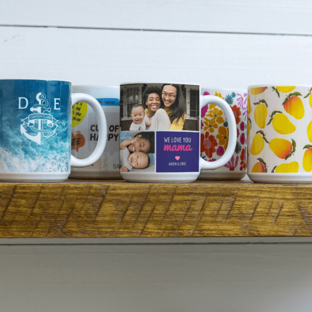 White Mugs on a Wooden shelf printed with Sublimation Mugs