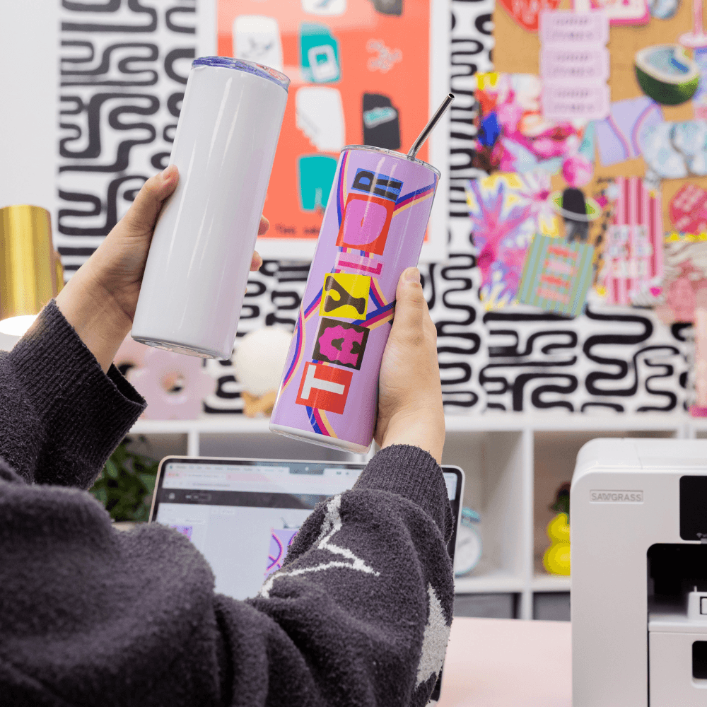 White Thumbler next to Printed same Thumbler Sublimation Printing