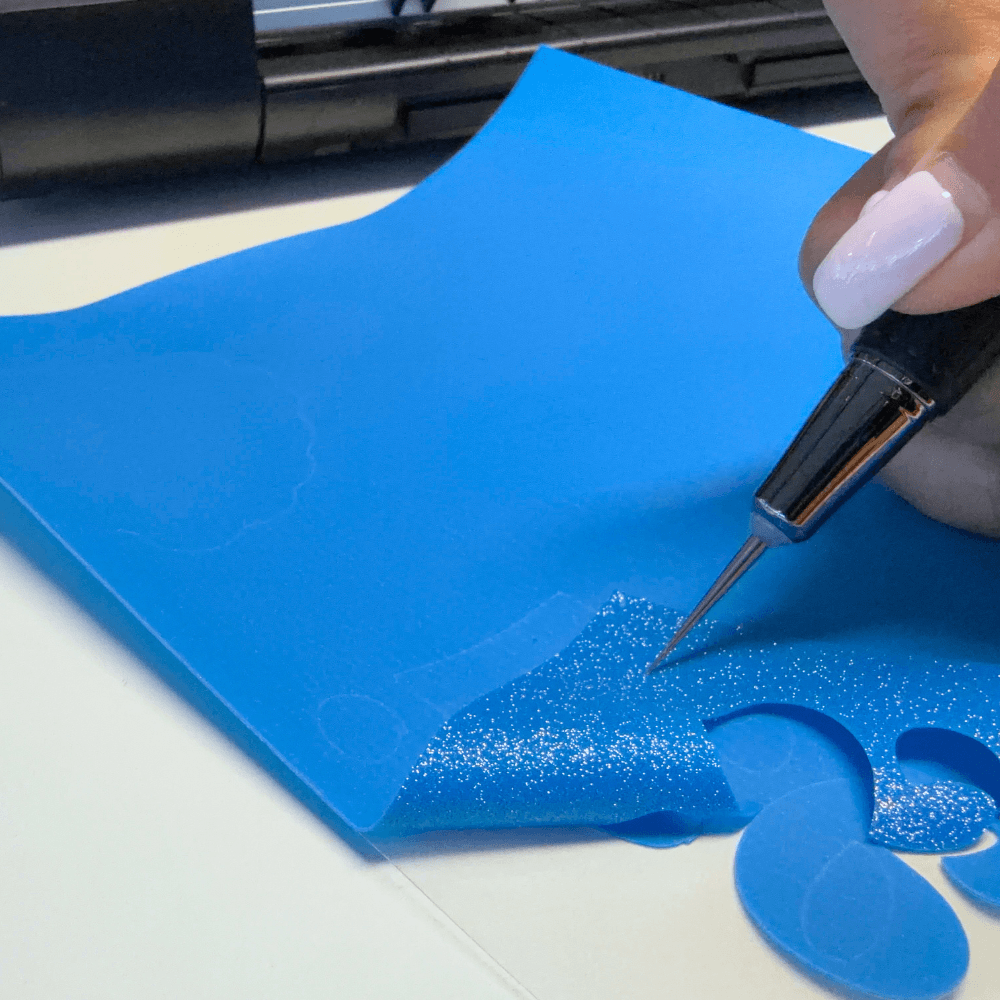 Step 3 Weed Excess Material Weeding Tool MagiCut Puff Glitter Ocean Blue